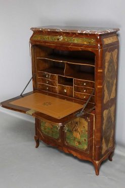 Louis Xv | Philippe Cote Antiquités Petit Secretaire En Marqueterie De Bois Indigenes Du Xviiie Siecle