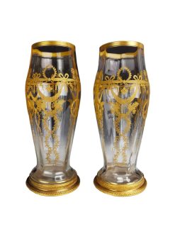 Verrerie, Cristallerie | L'orfèvrerie lyonnaise Paire De Grands Vases Rouleau En Cristal Et Laiton Dore