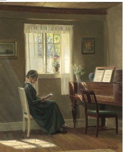 Nouveautes | Galerie Golovanoff Paisible Lecture Dans Un Interieur Au Piano -Alfred Broge (1870-1955)