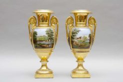 Restauration | L'Egide Antiques Grande Paire De Vases Ovoides, Paysages Et Fond Bleu Roi, Schoelcher A Paris