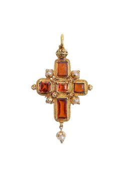 Xvie Siecle Et Avant | Matthew Holder Pendentif Croix En Or, Grenat Hessonite Et Perle, Xvie Siecle