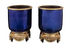 Directoire | Galerie Francesco De Rosa Paire De Jardinieres En Bronze Et Cristal Blue Cobalt