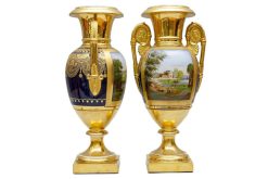 Restauration | L'Egide Antiques Grande Paire De Vases Ovoides, Paysages Et Fond Bleu Roi, Schoelcher A Paris