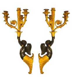 Empire | Galerie Maxime Fustier Paire De Grandes Appliques En Bronze Dore Et Patine D'Epoque Empire